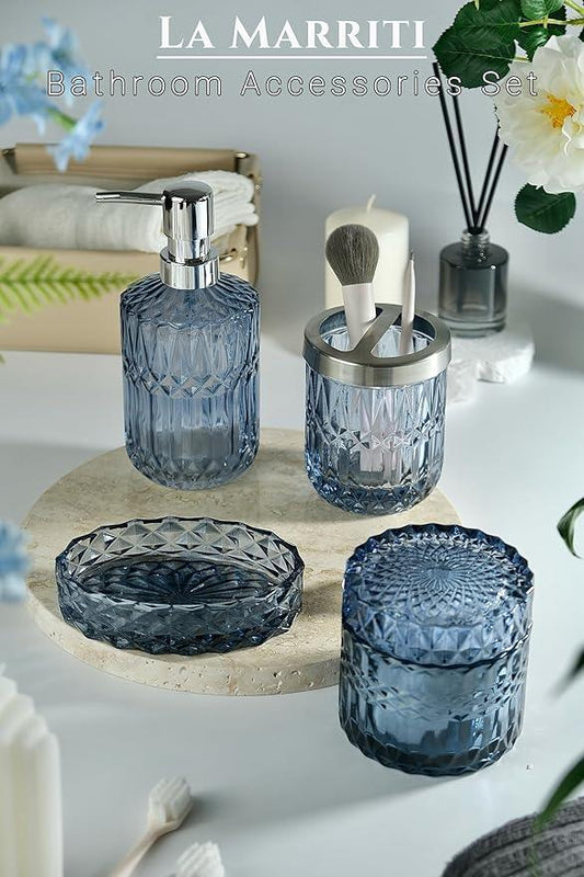 LaMarriti Blue Bathroom Accessories Set, 4Pcs Clear Glass Bathroom Accessories, Lotion Soap Dispenser Set, Toothbrush Holder, Qtips Holder, Soap Dish for Crystal Modern Bath Decor, Set - ModernBath