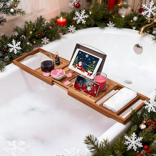 Utoplike Teak Bathtub Caddy Tray Bath Tray for Tub, Unique Bathtub Organizer with Book Tablet Wine Glass Cup Towel Holder, Adjustable, for Your Loved