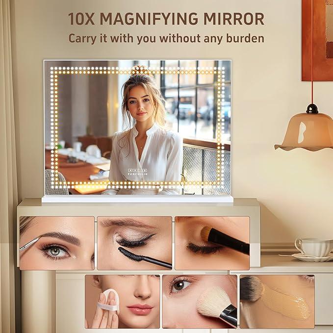 FENCHILIN Vanity Mirror with Lights and Bluetooth Speaker 31.5"x 22.8" Makeup Mirror Lighted Hollywood Mirror with LED Light Beads USB Charge Port, 3 Color Lighting Modes - ModernBath