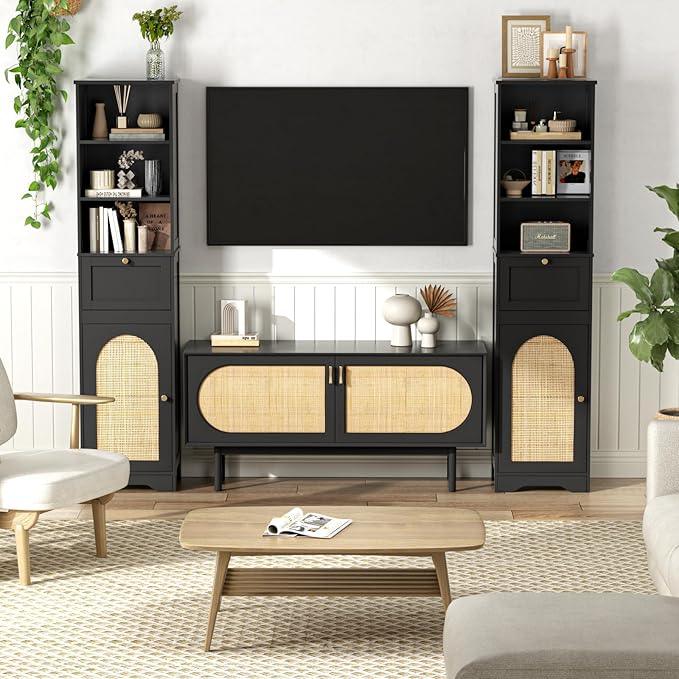 67"H Bathroom Storage Cabinet with Rattan Doors and Slide Storage, Tall Narrow Standing Tower Cabinet with Adjustable Shelves, Small Bathroom Floor Organizer for Entryway, Kitchen, Black - ModernBath