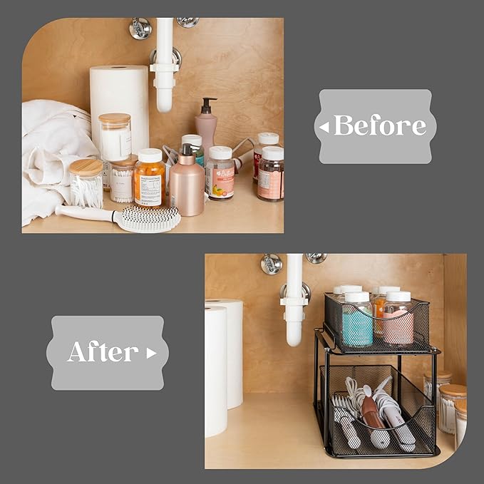 Sorbus 2 Sets of 2 Tier Metal Under Sink Organizer for Bathroom, Kitchen, Strong Steel Mesh Sliding Drawers for Under Sink, Under Cabinet, Closet, Kitchen, Pantry, Bathroom Organizers and Storage