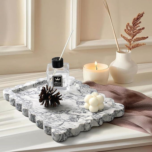 YMXYJM Genuine Scalloped Marble Tray, Real Natural Marble Stone Tray, Luxury Decorative Trays for Bathroom, Dresser, Vanity, Kitchen, Home Decor, 10.6" x 8", Calacatta Gray - ModernBath