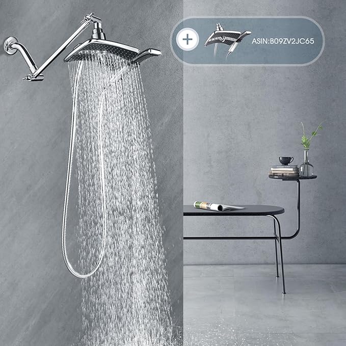 BRIGHT SHOWERS Brass Shower Head Extension Arm for Rain and Handheld Shower Head, 10 Inch Universal Shower Arm Extender, Height & Angle Adjustable, Chrome