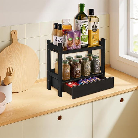 Sorbus Bamboo Bathroom Counter Organizer – 2-Tier Shelf with Hidden Drawer for Vanity, Matcha Station, Bathroom Sink Organizer Countertop, Kitchen & Office Storage (13″ L x 6.5″ W x 12.6″ H) (Black) - ModernBath