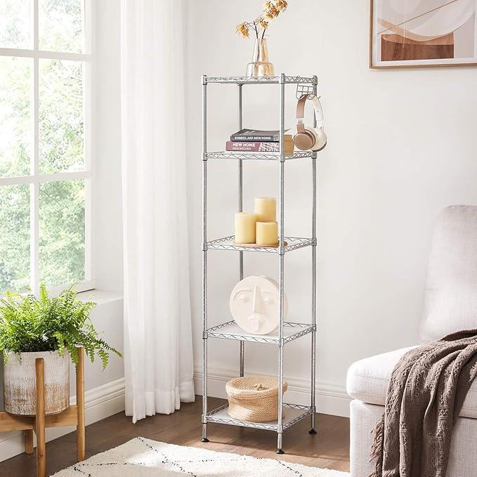 SONGMICS 5-Tier Bathroom Shelf, Storage Rack for Small Space, with 5 PP Shelf Liners, Removable Hook, Extendable Design, Silver and Translucent ULGR023S01 - ModernBath
