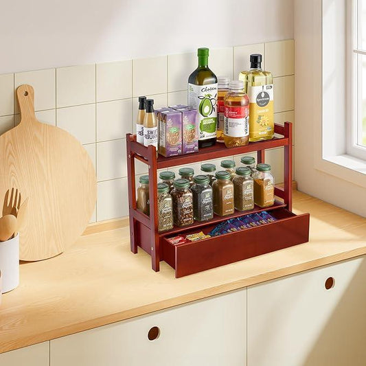 Sorbus Bamboo Bathroom Counter Organizer – 2-Tier Shelf with Hidden Drawer for Vanity, Matcha Station, Bathroom Sink Organizer Countertop, Kitchen & Office Storage (17″ L x 6.5″ W x 12.6″ H) (Brown) - ModernBath