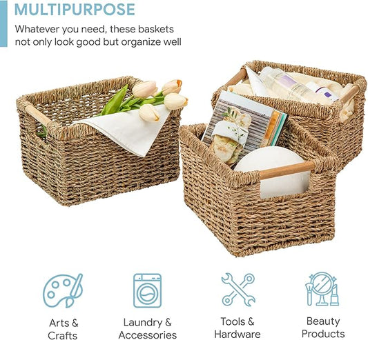 Small Wicker Baskets for Organizing Bathroom, Seagrass Baskets for Storage, Wicker Storage Basket with Wooden Handle, Decorative Small Organizing Basket 10.3 x 7.7 x 6.3 inches - 3 Pack