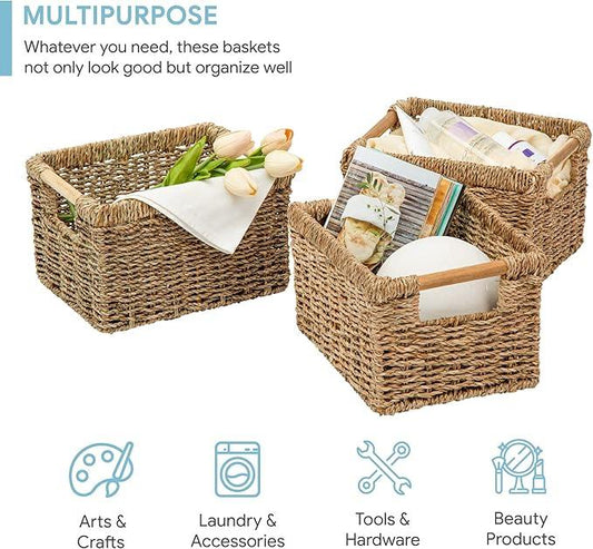 Small Wicker Baskets for Organizing Bathroom, Seagrass Baskets for Storage, Wicker Storage Basket with Wooden Handle, Decorative Small Organizing Basket 10.3 x 7.7 x 6.3 inches - 3 Pack - ModernBath