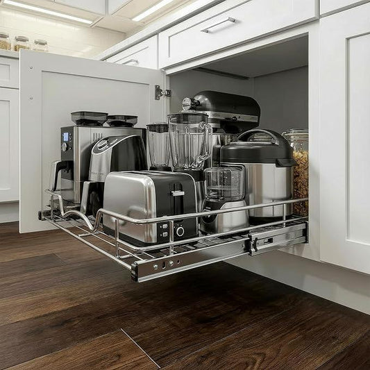 HOLD N' STORAGE Pull Out Cabinet Organizer, Heavy Duty-w/Lifetime Limited Warranty -11”W x 17”D-Requires At Least 12-1/4” Cabinet Opening, Steel Metal Cabinet Drawers Slide Out, Chrome Finish - ModernBath