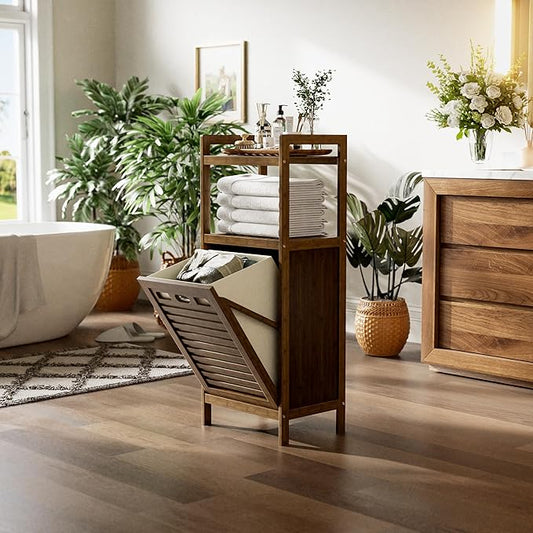 HITNET Bamboo Tilt Out Laundry Hamper, Bathroom Storage Cabinet with Hidden Removable Basket and 2 Open Shelves, Space Saving Bamboo Storage for Clothes, Towels and Toys, Walnut