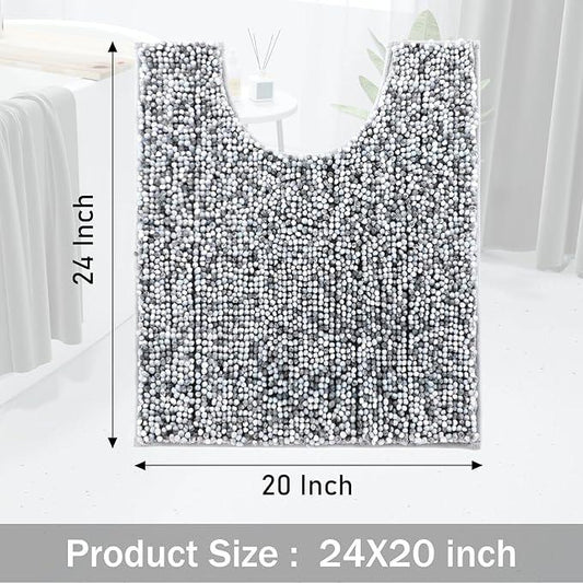 Yimobra Luxury Chenille U-Shaped Toilet Rug, Super Soft Shaggy Contour Bath Mat for Bathroom Floor, Fluffy, Water Absorbent, Non Slip, Machine Washable, Dry Quickly, 24''x 20'', Light Grey & Dark Grey - ModernBath
