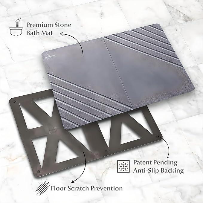 Water Stone Quick-Drying Bath Mat, Large (30.7” x 23.6”), Gray - Eco-Friendly, Non-Slip, Super Absorbent Bathroom Shower Mat for Superior Comfort & Safety - ModernBath