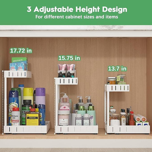 REALINN Under Sink Organizer, 2 Tier Expandable Under Cabinet Organizer, Heights Adjustable Pull Out Storage for Kitchen Bathroom Laundry, White, 2 Pack - ModernBath