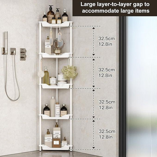 Orimade Rustproof 5 Tier Floor Standing Corner Shower Caddy Organizer, Plastic Metal Splicing Floor Corner Shelf Rack Stands for Bathroom, White - ModernBath