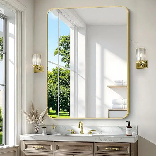 BONEWEI Gold Bathroom Mirror,36x48 inch Wall Mirror for Bathroom Wall Mounted,Round Rectangle Mirror for Bathroom Over Sink,Modern Frame for Home Decor Living Room,Bedroom Entryway,Horizontal/Vertical - ModernBath