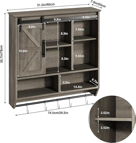 RUSTOWN Farmhouse Bathroom Wall Cabinet,3-Tier Rustic Wood Wall Mounted Cabinets,Vintage Medicine Cabinet with Sliding Barn Door and Adjustable Shelves,Over The Toilet Storage Cabinet (Washed Oak) - ModernBath
