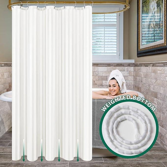 Biscaynebay Fabric Shower Curtain or Liner 72" by 72", Ivory Water Repellent Damask Stripes Bathroom Curtains Machine Washable - ModernBath