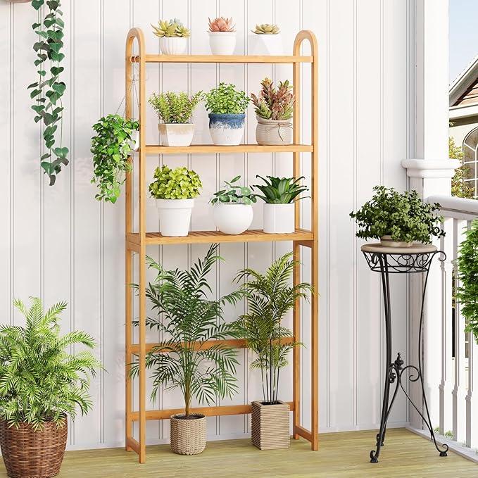 Tangkula Bamboo Over The Toilet Storage, 3-Tier Over Toilet Organizer Rack with 5-Position Adjustable Shelves, 3 Hooks, Adjustable Bottom Bar, Laundry Room Shelf, 28.5" Wide Bathroom Space Saver - ModernBath