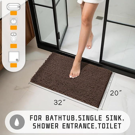 Yimobra Washable Bathroom Rugs, Super Soft & Absorbent Chenille Bath Mat for Floor & Carpet, Quick Dry Non Slip Bath Mat for Tub Shower, 32"x20",Brown - ModernBath
