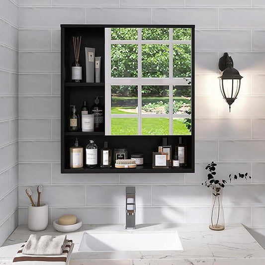 SMIBUY Bathroom Mirror Cabinet Wall Mounted, Bamboo Space Saver Medicine Cabinet, Wall Hanging Over Toilet Storage Cabinet with Mirror Door and Adjustable Shelf (Black) - ModernBath