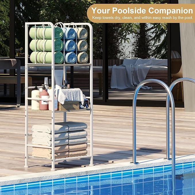 Towel Rack Free Standing 3-Tier M-Shaped Detachable Dividers, Durable Metal Holder, Pool Towel Rack, Space-Saving Towel Storage Organizer, Modern Bath Towel Shelf for Home, Poolside, White - ModernBath