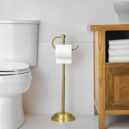 RUMOSE Toilet Paper Holder Stand for Floor, Brushed Gold Adjustable (12.4" to 22.8") Bathroom Toilet Tissue Holder, Free Standing Toilet Paper Roll Holder with Storage, Stainless Steel - ModernBath