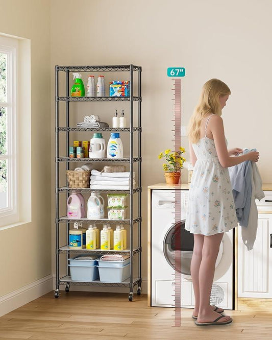 8 Tier Shelves Storage Shelf Wire Closet Bathroom Organizers Metal Pantry Kitchen Garage Shelving Unit Laundry Room Organization Home Rack Net Basket Black with Wheels 12”D X 22”W X 74.2”H - ModernBath