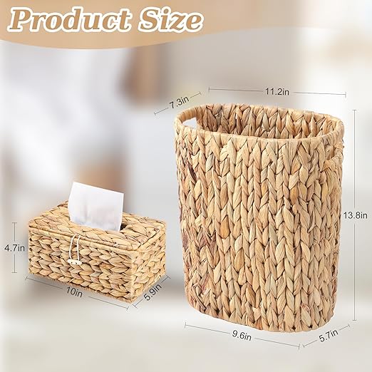 Wicker Trash Can & Tissue Box Cover Rectangular, Handwoven Waterproof Waste Basket with Handles, Rattan Wicker Home Set for Bedroom, Bathroom, Kitchen, Office, Balcony (Rectangular Tissue Box)
