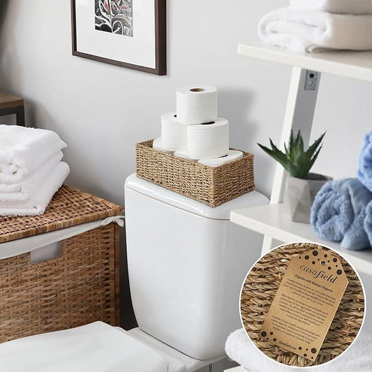 Casafield Set of 2 Bathroom Storage Baskets, Natural - Seagrass, 16" W x 6.75" D x 4.25" H, Woven Toilet Tank Topper Bins for Organizing Tissues, Toilet Paper, Toiletries, Shelves - ModernBath