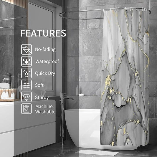 Gibelle Long Shower Curtain 72 x 78, Abstract Grey Marble Fabric Shower Curtain, Modern Ink Art Waterproof Bathroom Shower Curtain Set with Hooks - ModernBath