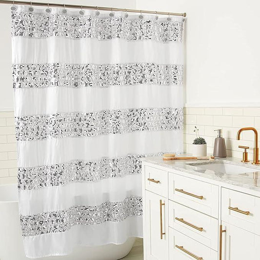 Zahari Home Sinatra Bathroom Shower Curtain Set - 13pc Classic White Shower Curtain & Hooks - Unique Design - ModernBath
