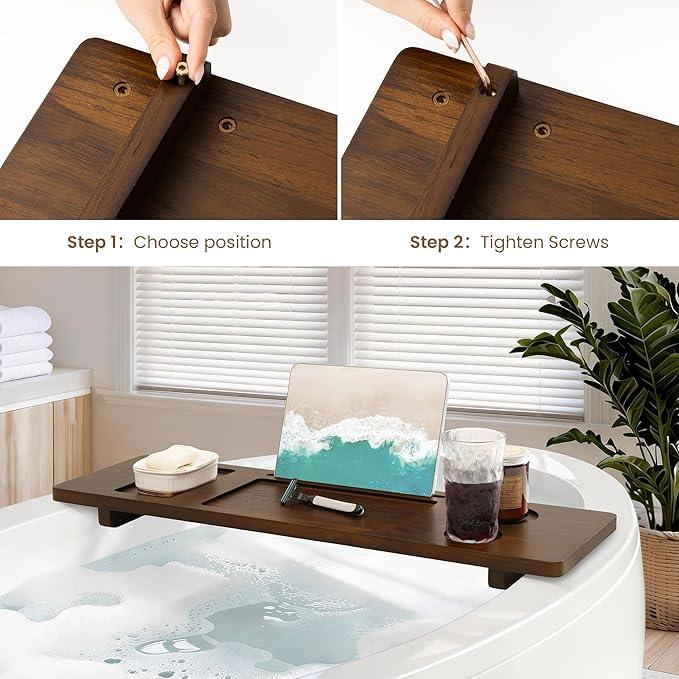 Teak Bathtub Tray - Large Wood Bath Caddy Tray 35" - Luxury Shower Organizer for Freestanding Bath - Adjustable Bathtub Trays for Home Spa Relaxation and Reading - Dark Walnut Color - ModernBath