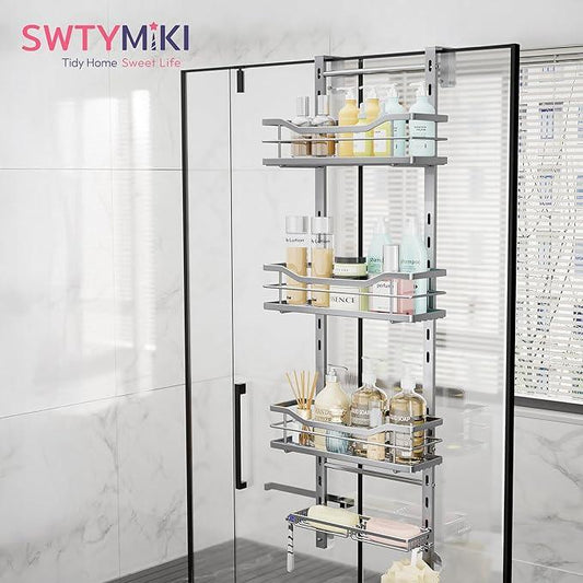 SWTYMIKI Over the Door Shower Caddy - 4 Tier Adjustable Shower Organizer Hanging with Soap Holder, No Drilling Stainless Steel Bathroom Rack Hanging for Body Wash, Shampoo, Soap, Razor, Silver - ModernBath