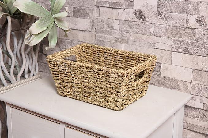 Small Seagrass Storage Basket, Natural Rectangular Decorative Home Organizer Bins with Both-side Handles for Farmhouse, Bathroom, Bedroom. - ModernBath