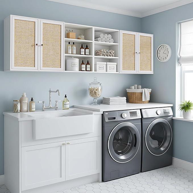 Kitchen Wall Cabinets,78.8" W Rattan Wall Mounted Laundry Cabinets with Adjustable Shelf, Floating Hanging Storage Cabinet for Laundry Room, Bathroom, Kitchen - ModernBath