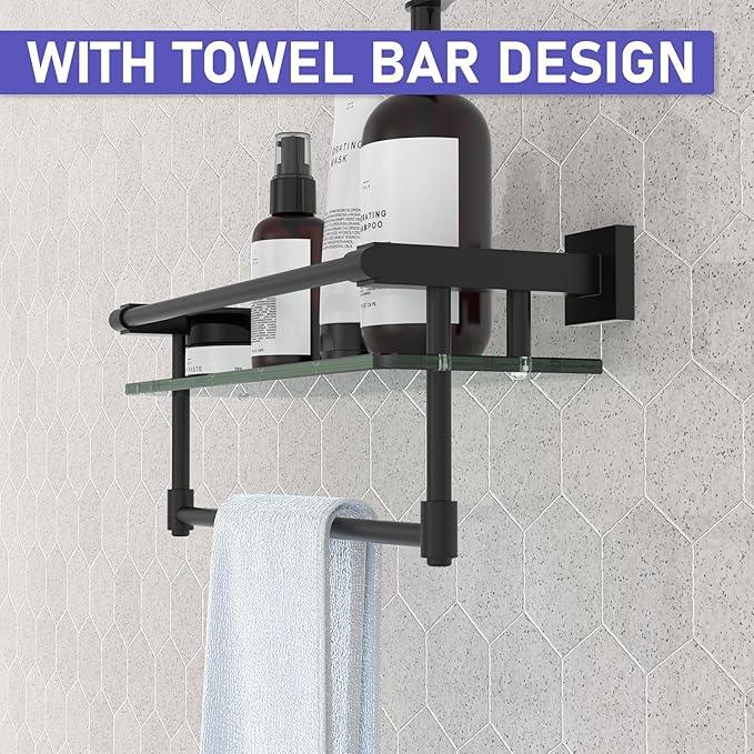 Glass Shelf for Bathroom 16 Inch Bathroom Shelves with Towel Bar, Tempered Glass Shelves with Stainless Steel Towel Holder for Wall Shelf Sink Over Toilet (Matte Black) - ModernBath