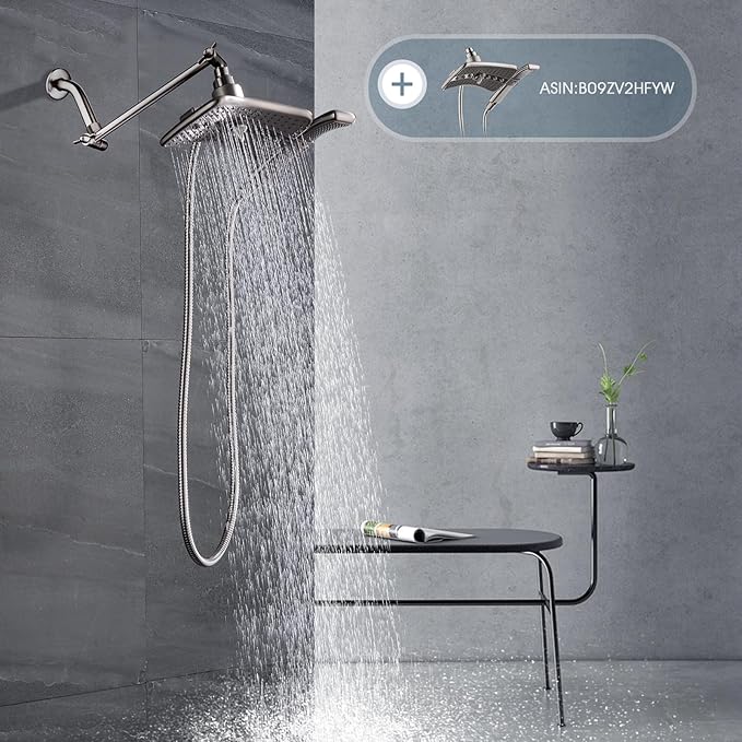 BRIGHT SHOWERS Brass Shower Head Extension Arm for Rain and Handheld Shower Head, 10 Inch Universal Shower Arm Extender, Height & Angle Adjustable, Brushed Nickel