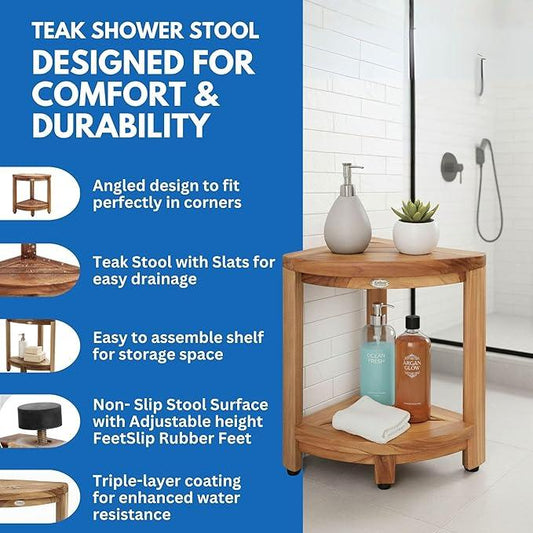 DecoTeak Teak Corner Shower Shelf – 2 Tier Waterproof Bathroom Storage Organizer Compact Wood Storage | Water-Resistant Design | Space Saver for Showers & Small Bathrooms | Shaving Foot Rest - ModernBath