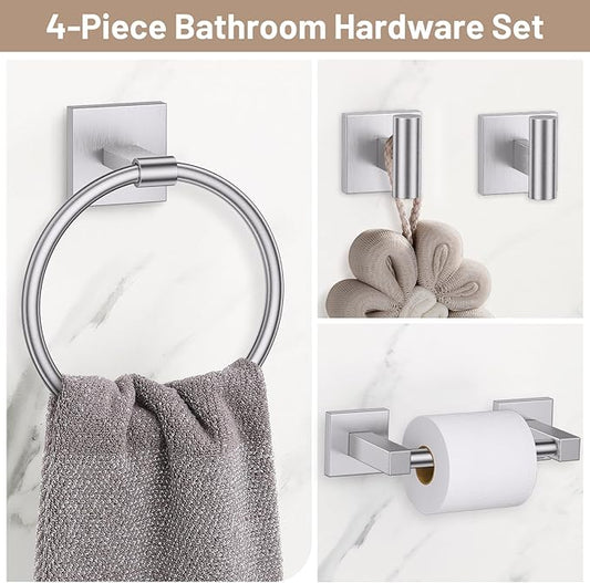 Towel Ring Set 4 Piece Bathroom Hardware Set Includes Towel Ring 2 Towel Hooks and Toilet Paper Holder Stainless Steel Wall Mounted (Brushed Nickel)