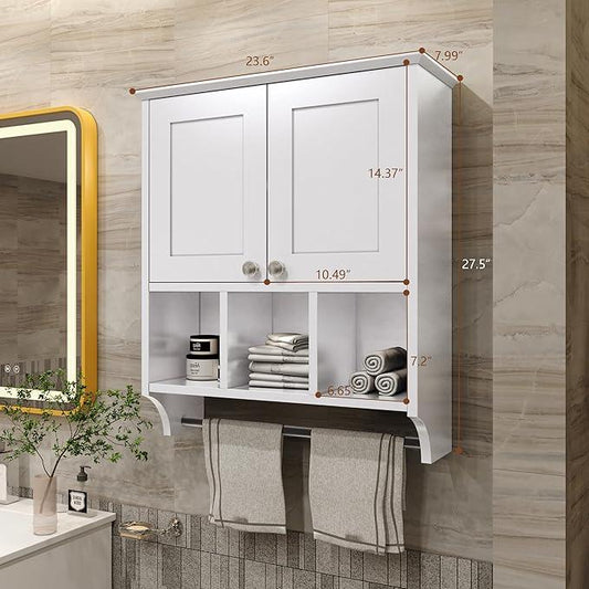 Bathroom Medicine Cabinet, Bathroom Cabinet Wall Mounted Over-The-Toilet with Towel Bar, 2 Doors & 3 Open Shelves, White - ModernBath