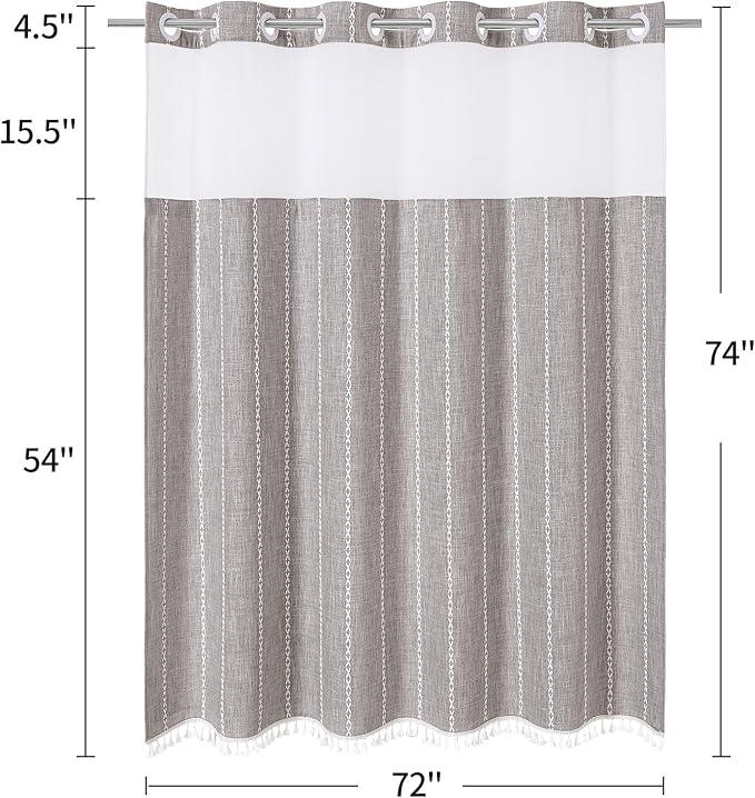 MitoVilla No Hooks Needed Farmhouse Shower Curtain with Snap-in Liner - with Window & Magnets, Boho Cotton Linen Fabric Shower Curtains with Tassels for Rustic Bathroom Decor, Grey Taupe, 72 x 74 - ModernBath