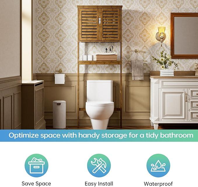 SMIBUY Bathroom Storage Shelf with Cabinet, Bamboo Over-The-Toilet Organizer Rack, Freestanding Toilet Space Saver with 3-Tier Adjustable Shelves (Walnut) - ModernBath