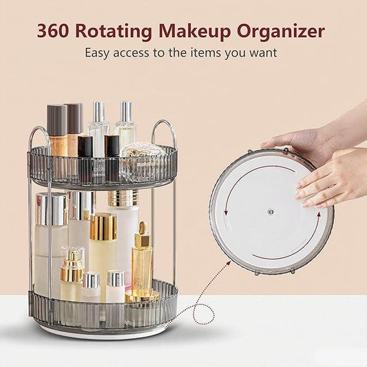 INVSSENE 360° Rotating Makeup Organizer, Bathroom Make Up Spinning Holder Rack, Large Capacity Cosmetics Storage Vanity Shelf Countertop, Fits Cosmetics, Perfume, Skincare, Lipsticks(2 Tiers, Gray) - ModernBath