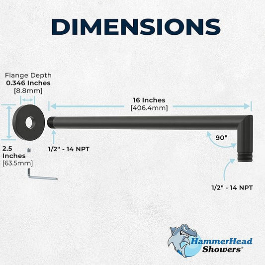 HammerHead Showers® Solid Metal 16 Inch Extended Shower Arm and Flange with Set Screw, Long Shower Arm, Extends Rain Shower Overhead, Wall-Mounted Rain Shower Arm, Matte Black