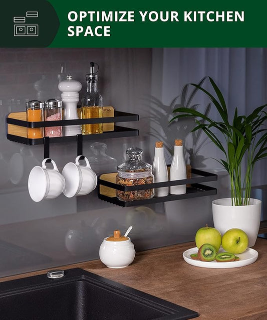 ROYAL CRAFT WOOD Shower Caddy Self Adhesive Organizer - Bamboo & Iron Shower Shelves with Hooks Stylish Storage Solution for Organizing Bath Accessories