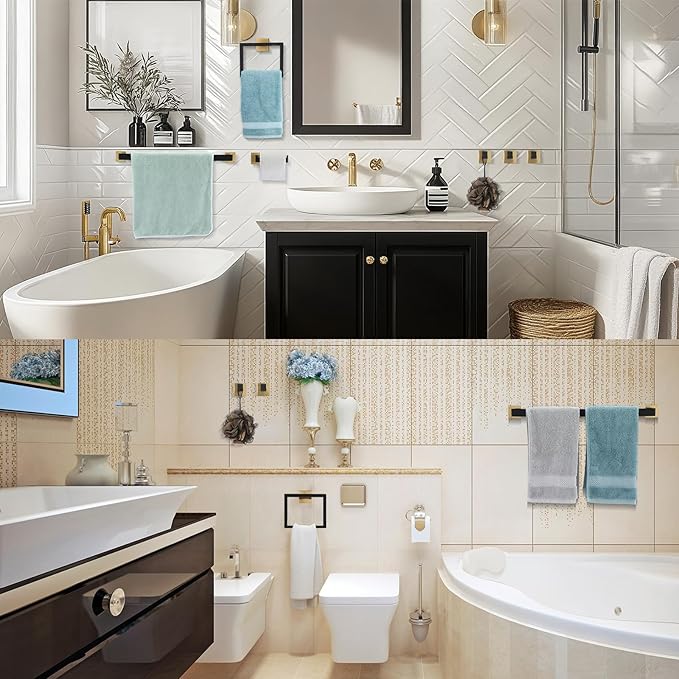 Gisafai 20 Pcs Black Gold Bathroom Hardware Accessories Set 23.6 Inch Bath Towel Bar Kit Stainless Steel Bathroom Hardware Set Towel Racks Ring Robe Hooks Paper Holder for Wall Mounted