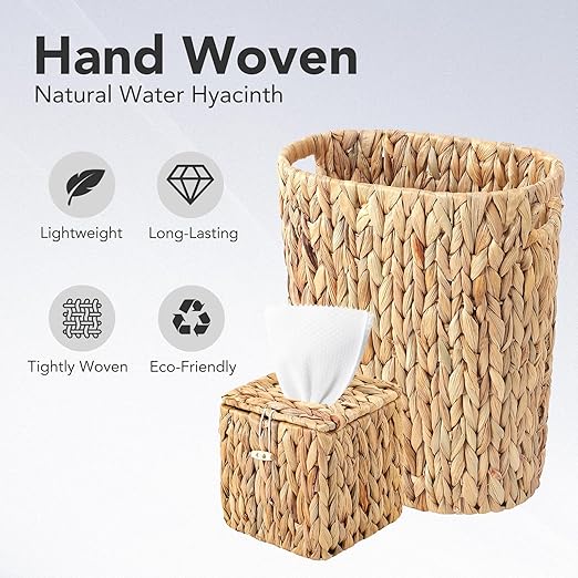 Water Hyacinth Trash Can 15L & Wicker Square Tissue Box, Handwoven Waterproof Waste Basket with Handles, Wicker Home Set for Bedroom, Bathroom, Kitchen, Office, Balcony (Khaki)