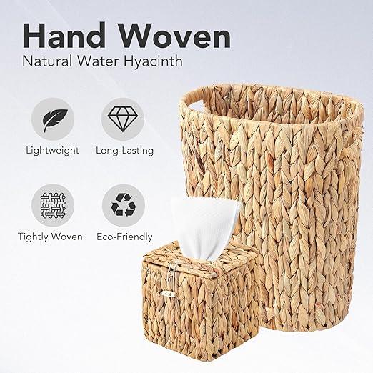 Water Hyacinth Trash Can 15L & Wicker Square Tissue Box, Handwoven Waterproof Waste Basket with Handles, Wicker Home Set for Bedroom, Bathroom, Kitchen, Office, Balcony (Khaki) - ModernBath