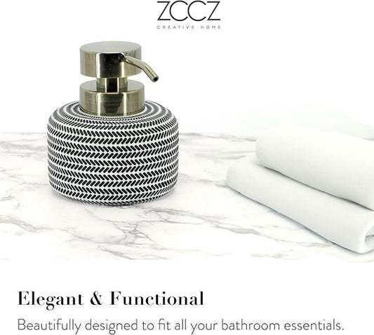ZCCZ Black and White Bathroom Accessories Set, 4 Pieces - Toothbrush Holder, Soap Dispenser, Vanity Tray, Tumbler - Countertop Organizer for Bathroom Decor - Modern Accessory Set for Home and Office - ModernBath