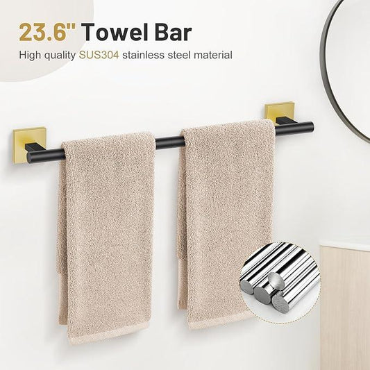5-Piece Black Gold Bathroom Hardware Set, SUS304 Stainless Steel Bathroom Accessories Set 23.6 inches Towel Bar, Toilet Paper Holder with Shelf, Towel Ring and Two Towel Hooks Wall-Mounted - ModernBath